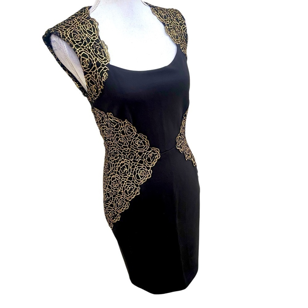 NWT Erin black & gold rosette embroidery fitted short sleeve pint dress size 4 - Picture 6 of 12